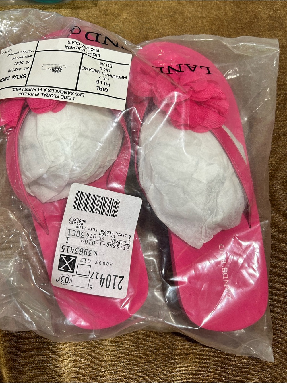 NIB! Lands’ End Bog Girl sz. 7 Hot  Pink Flower Flip Flops